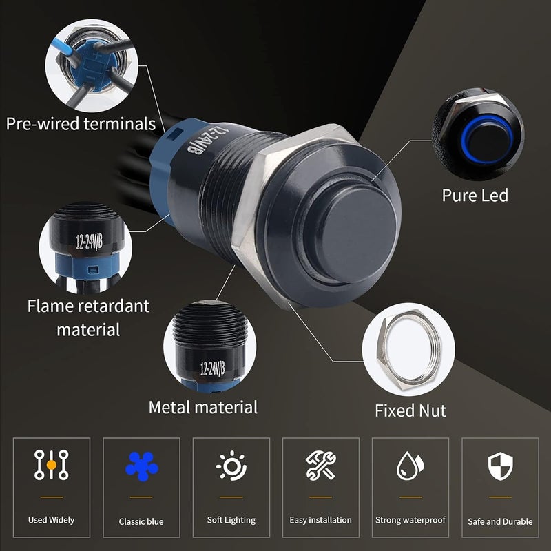 STARELO 5pcs 12mm Latching led Push Button Switch Black Shell with pre-Wiring, IP65 Waterproof Push Button Switch,1NO 1 Normally,Self-Locking with LED(Blue). - Image 4